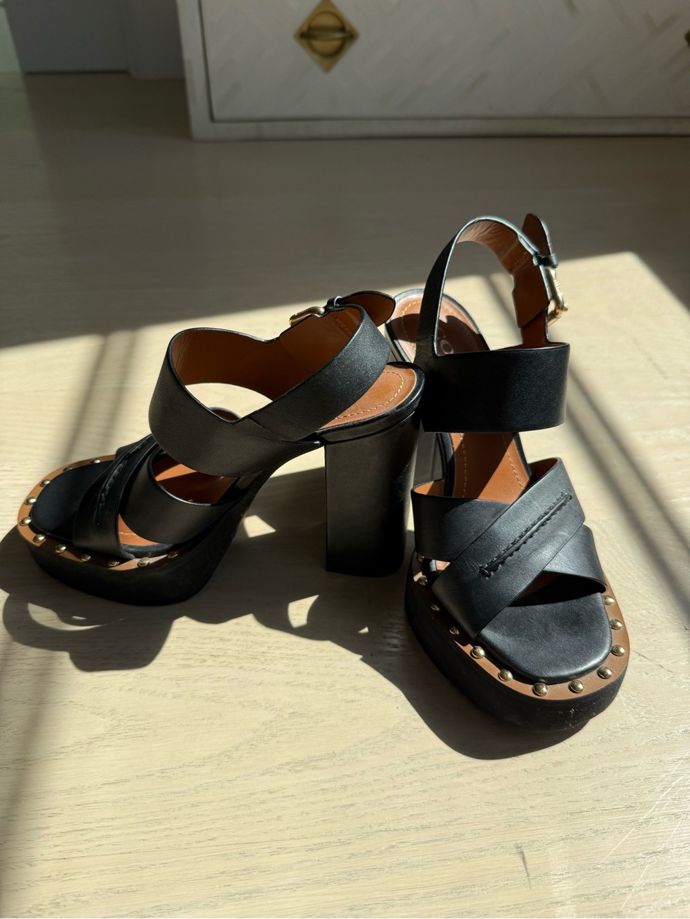 Coach - Black Studded Platform Block Heel Sandals - Women's